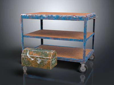 Rolling Three Tier Shelving Cart With Blue Frame Wooden Shelves And Toolbox 3d model