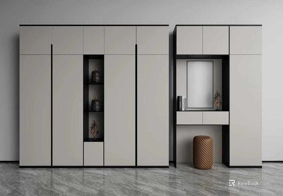Modern Wardrobe Design With Multiple Doors Open Storage Shelves And Mirror Panel 3d model