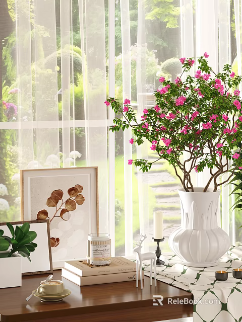 Indoor Decorative Ornament Set With White Vase Pink Flowers Framed Leaf Art And Candle 3d model 