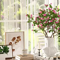 Indoor Decorative Ornament Set With White Vase Pink Flowers Framed Leaf Art And Candle
