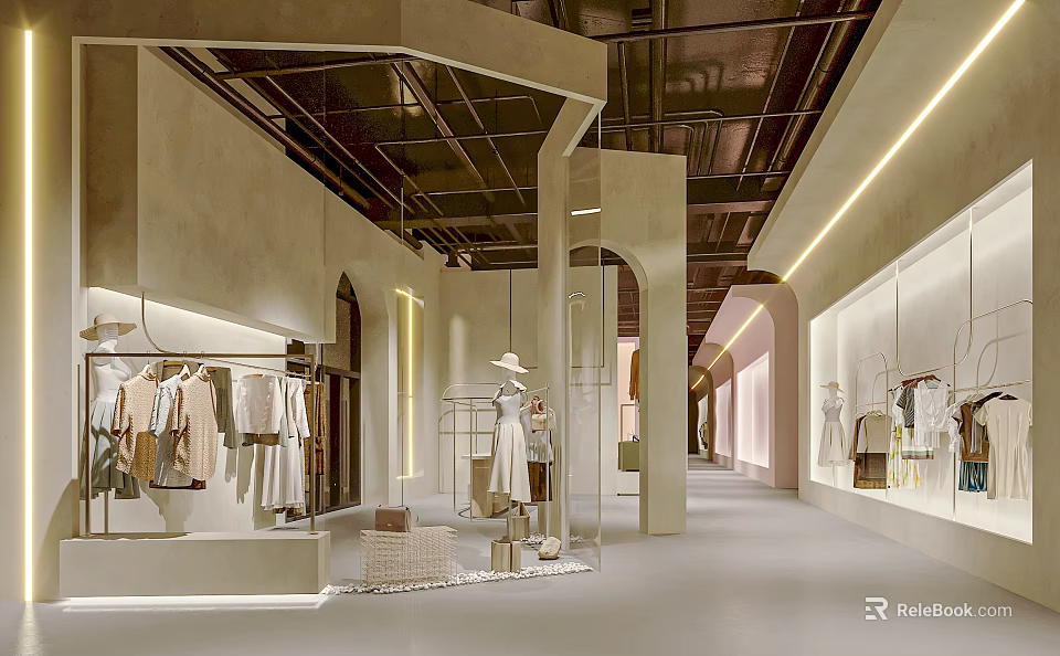 Modern Clothing Store Interior With Hanging Racks Mannequins And Warm Lighting 3d model 