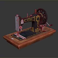Vintage Sewing Machine As Household Item With Black Body Golden Patterns And Wooden Base