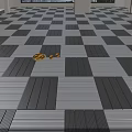 Black And White Geometric Pattern Wooden Flooring With Yellow Decorative Items On Floor