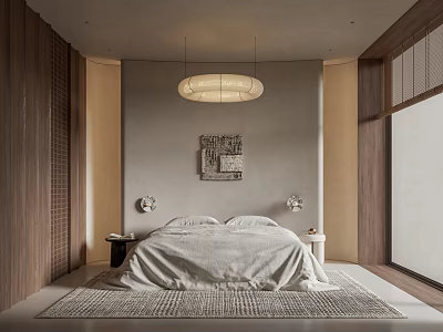 Modern Bedroom Interior With Large Bed Light Sheets Wall Sconces Pendant Light And Area Rug 3d model