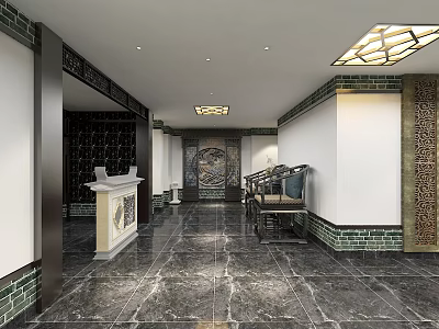 Luxurious Club Hallway With Marble Floor Dark Cabinets Decorative Painting Chinese Tile Decorations And Seats 3d model