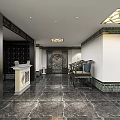 Luxurious Club Hallway With Marble Floor Dark Cabinets Decorative Painting Chinese Tile Decorations And Seats