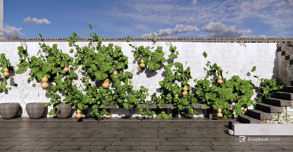 Lush Green Plant Wall With Climbing Vines And Hanging Gourds On White Wall 3d model 