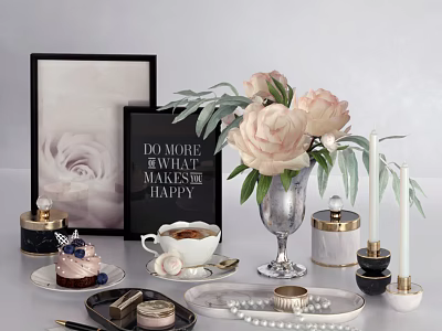 Elegant Ornamental Decor Set With Pink Roses Silver Vase Candles Pearl Jewelry And Cake Plate 3d model