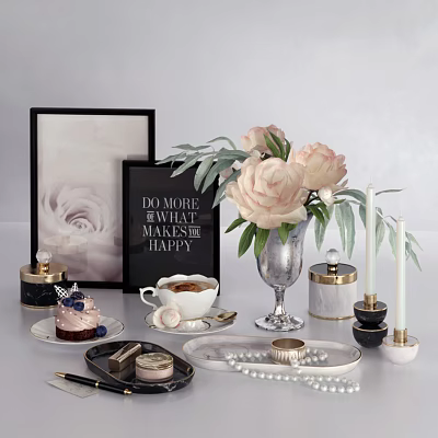 Elegant Ornamental Decor Set With Pink Roses Silver Vase Candles Pearl Jewelry And Cake Plate 3d model
