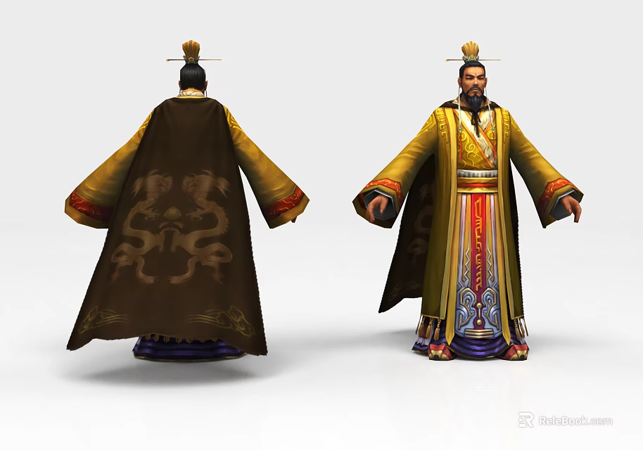 Ancient Emperor Character in Dragon Patterned Traditional Imperial Robe with Crown 3d model 