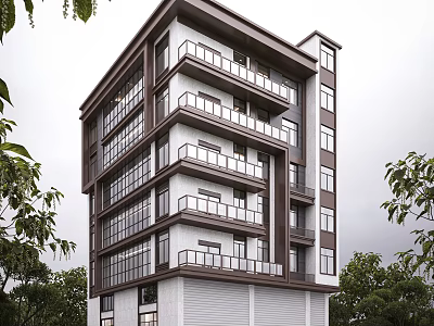 Modern Detached Villa Exterior With Multi Story Balconies And Green Trees Surrounding 3d model