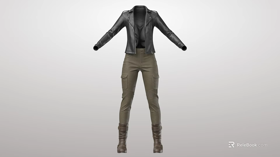 Stylish Black Leather Biker Jacket With Khaki Cargo Pants And Brown Boots 3d model 
