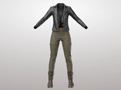 Stylish Black Leather Biker Jacket With Khaki Cargo Pants And Brown Boots 3d model