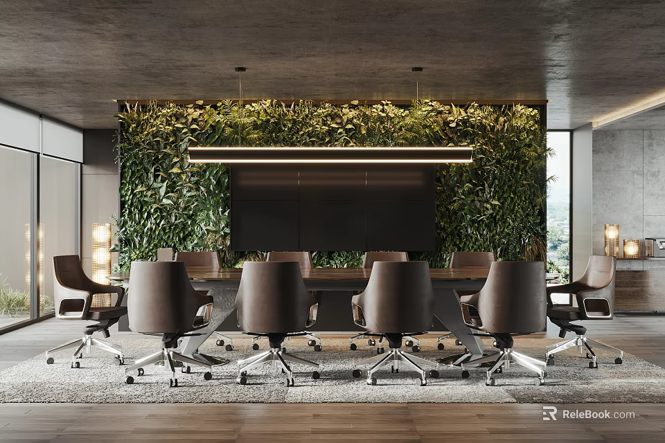 Modern Conference Room Interior With Large Meeting Table Ergonomic Chairs And Green Plant Wall 3d model 