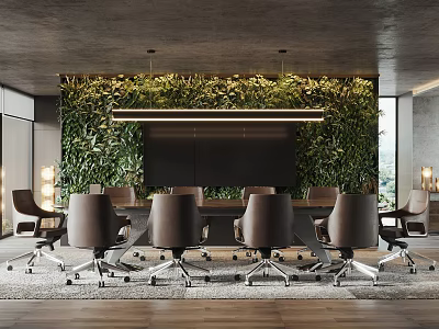 Modern Conference Room Interior With Large Meeting Table Ergonomic Chairs And Green Plant Wall 3d model