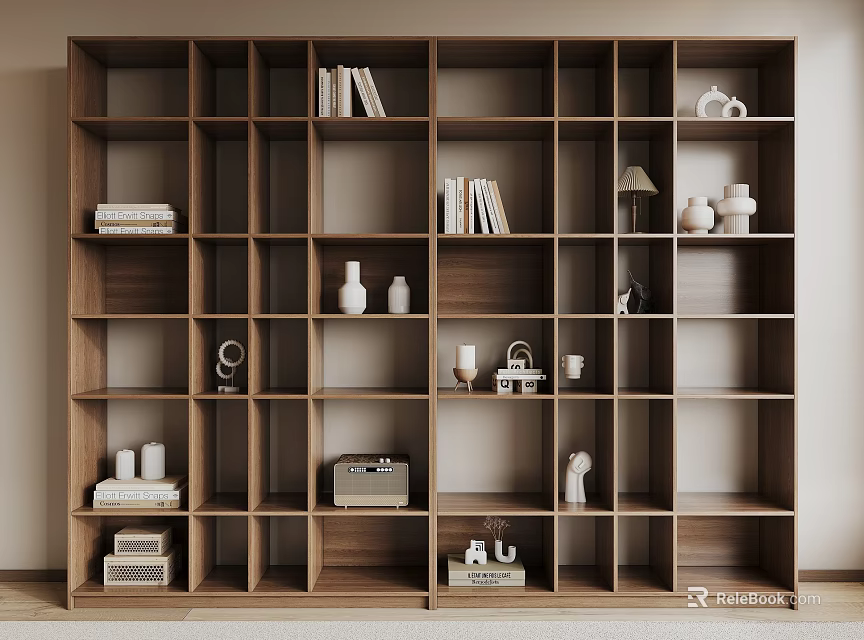 Modern Wooden Bookcase With Multiple Compartments Books And Decorative Items 3d model 