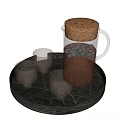 Glass Drinking Cups With Glass Pitcher Cork Lid Brown Liquid Ice Cubes On Black Tray
