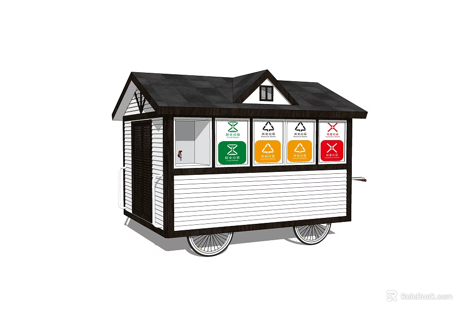 Utility Vehicle With Small House Structure And Color Coded Recycling Bins On Side Panels 3d model 