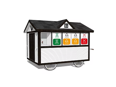 Utility Vehicle With Small House Structure And Color Coded Recycling Bins On Side Panels 3d model