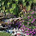 Living Plant Wall Featuring Wisteria Blooms Greenery Purple Pink Flowers Deer Sculpture Stream And Grass