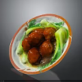 Delicious Braised Red Meatballs with Fresh Green Vegetables and Sauce on Ceramic Plate