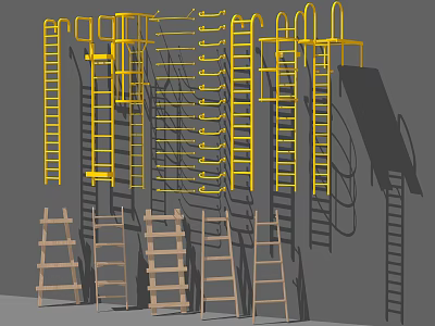 Yellow Metal Stairs And Wooden Ladders With Various Step Structures And Designs 3d model