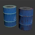 Two Blue Barrels One New And Rusty With White Triangular Signs On Reflective Background 3d model