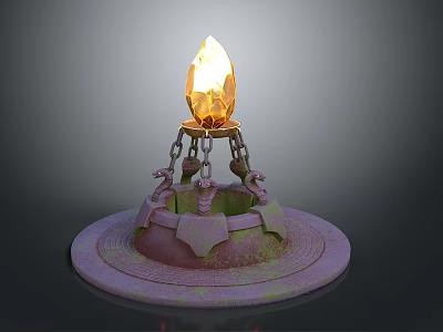 Ornate Fantasy Torch With Golden Crystal Flame Hanging Chains And Purple Mossy Base 3d model