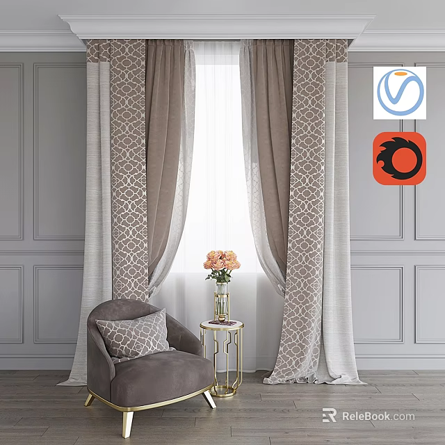 Modern Beige And White Curtains With Geometric Pattern By Armchair And Flowers 3d model 