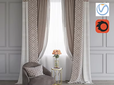 Modern Beige And White Curtains With Geometric Pattern By Armchair And Flowers 3d model