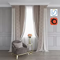 Modern Beige And White Curtains With Geometric Pattern By Armchair And Flowers