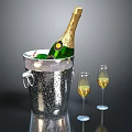 Champagne Bottle In Ice Bucket With Two Glasses Containing Champagne On Reflective Dark Background