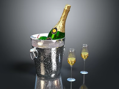 Champagne Bottle In Ice Bucket With Two Glasses Containing Champagne On Reflective Dark Background 3d model