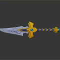 3D Rendered Fantasy Sword With Intricate Blade Blue Yellow Striped Hilt And Ornate Guard