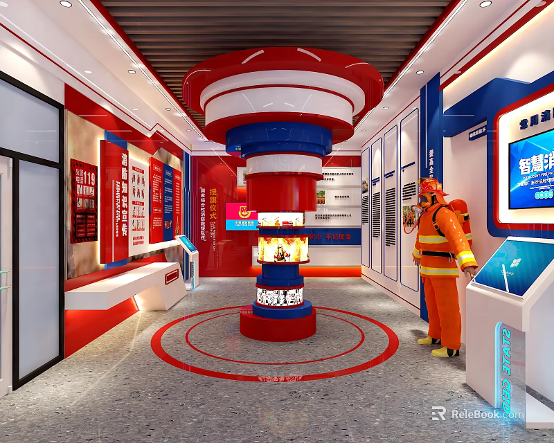 Fire Safety Experience Hall Interior With Central Red Blue Exhibition Column Firefighter Model And Screens 3d model 