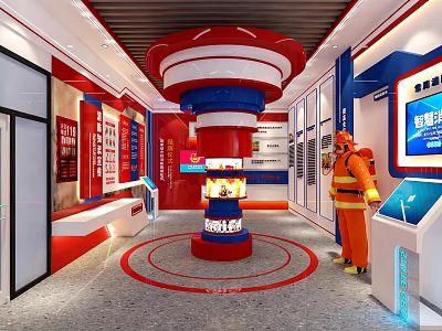 Fire Safety Experience Hall Interior With Central Red Blue Exhibition Column Firefighter Model And Screens 3d model