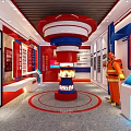 Fire Safety Experience Hall Interior With Central Red Blue Exhibition Column Firefighter Model And Screens