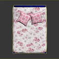 Blue Metal Bed With Headboard White Mattress Pink Floral Pattern And Two Pink Checkered Pillows