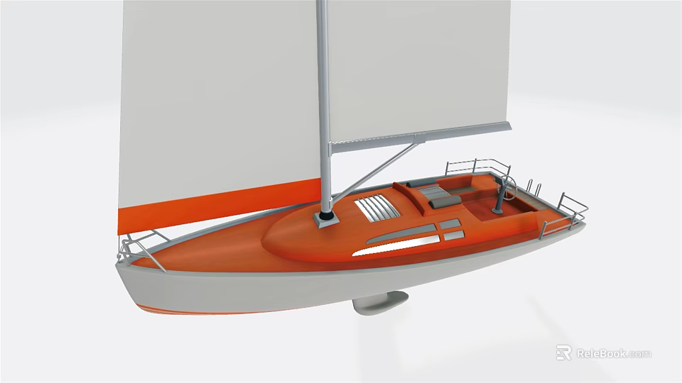 Orange And White Sailboat With White Sail Mast And Deck Railings 3d model 