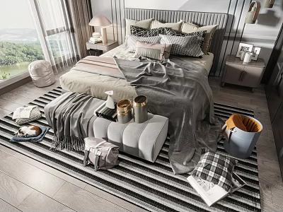 Modern Double Bed In Cozy Bedroom With Rugs And Nightstands 3d model