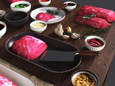 Essential Kitchen Utensils Knife Bowls and Spices with Fresh Meat on Wooden Table 3d model
