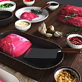 Essential Kitchen Utensils Knife Bowls and Spices with Fresh Meat on Wooden Table
