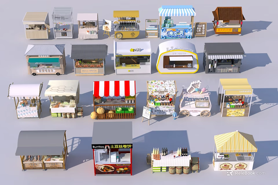 Commercial Equipment Various Mobile Vending Kiosks And Stalls With Different Designs For Food Retail 3d model 