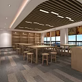 Modern Public Lounge Interior With White Tables Blue Stools Large Windows And Geometric Carpet