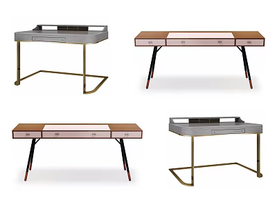 Modern Four Different Desk Designs With Wooden Tops Metal Legs And Multiple Drawers 3d model