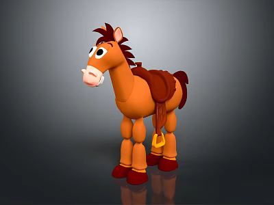 Cute Brown Cartoon Horse Toy With Saddle Standing Pose And Red Hooves 3d model