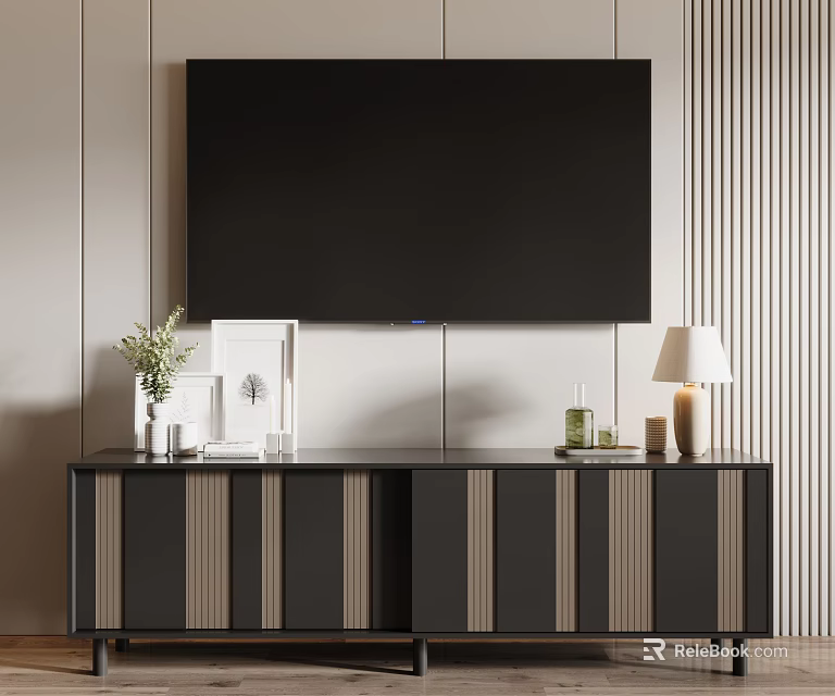 Modern TV Stand With Dark Wooden Design And Decorative Items Like Lamp Plant And Frame 3d model 