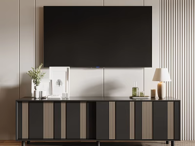 Modern TV Stand With Dark Wooden Design And Decorative Items Like Lamp Plant And Frame 3d model