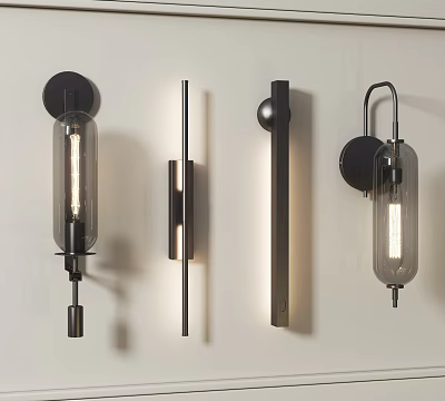 Modern Minimalist Wall Lamps Featuring Sleek Metal Frames And Glass Cylindrical Shades On White Wall 3d model