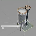 Industrial Blue Storage Tank With Yellow Railings Pipes And Green Base Platform